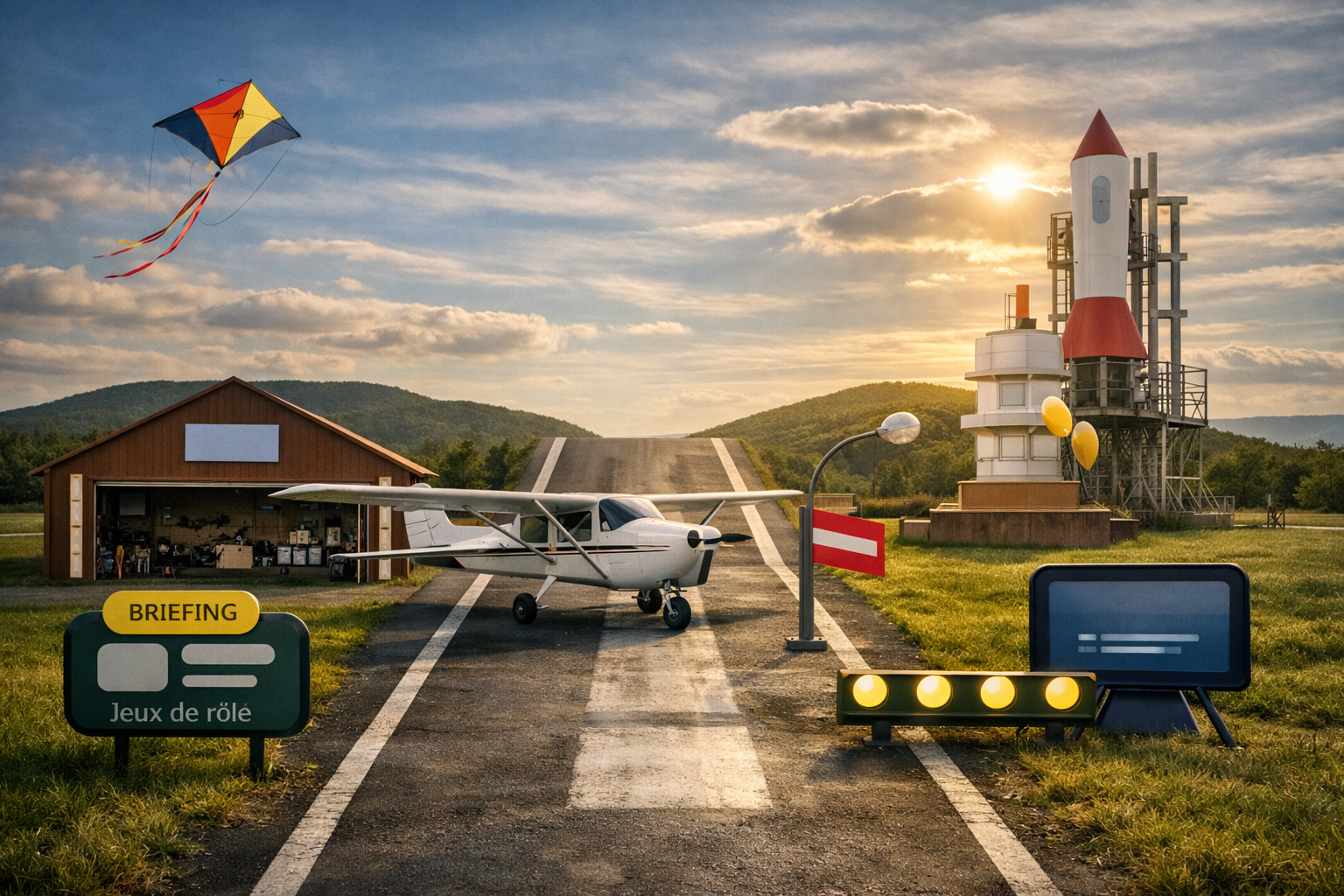 Image photorealiste d une base aerienne avec hangar, avion, piste, fusee et zones de cours BIA